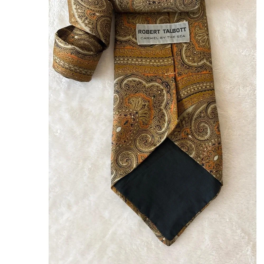 Robert Talbott Carmel by the Sea Silk‎ Paisley Tie Gold Orange Navy Coventry Ltd